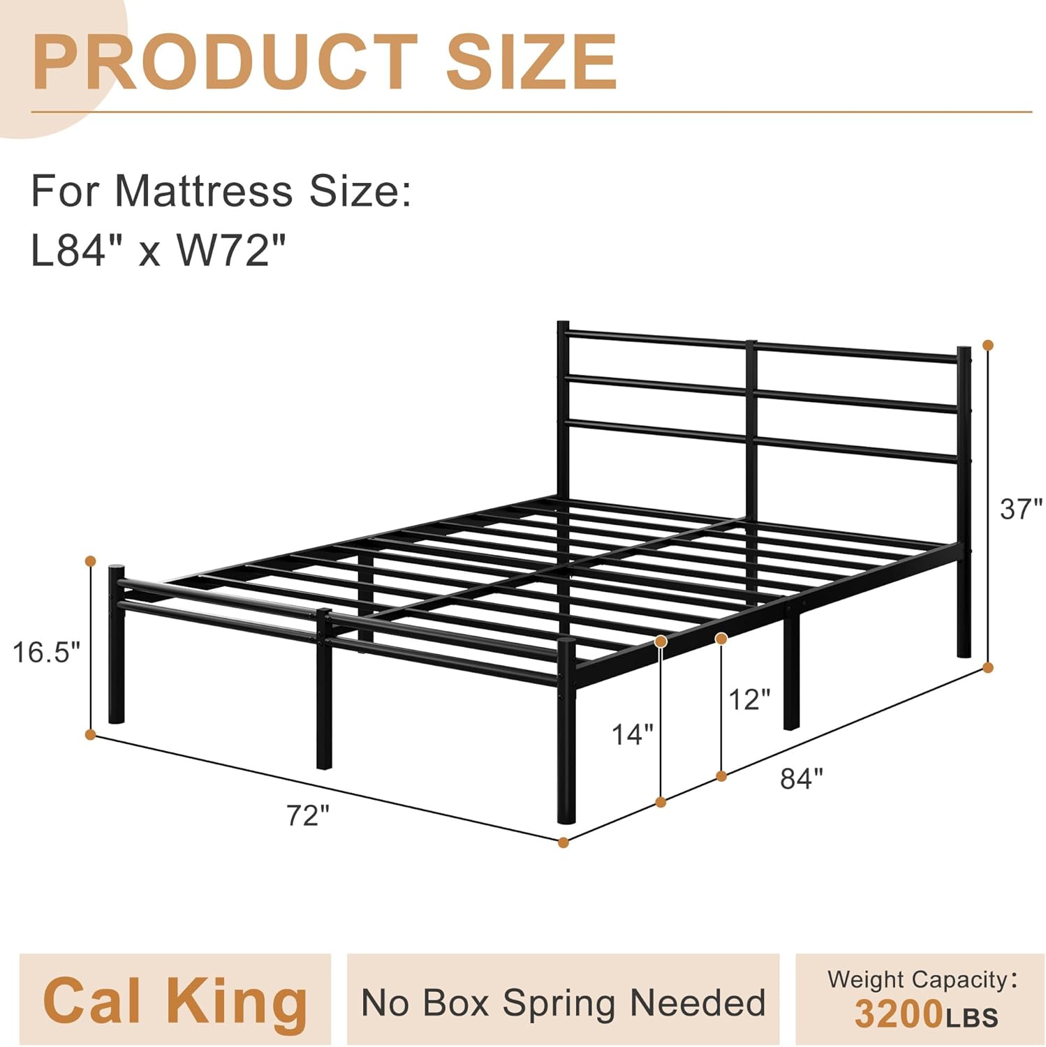 California King Bed Frames with Headboard and Footboard, 14 Inch Metal Platform Bed Frame with Steel Slat Support, No Box Spring Needed, Noise Free, Easy Assembly, Black