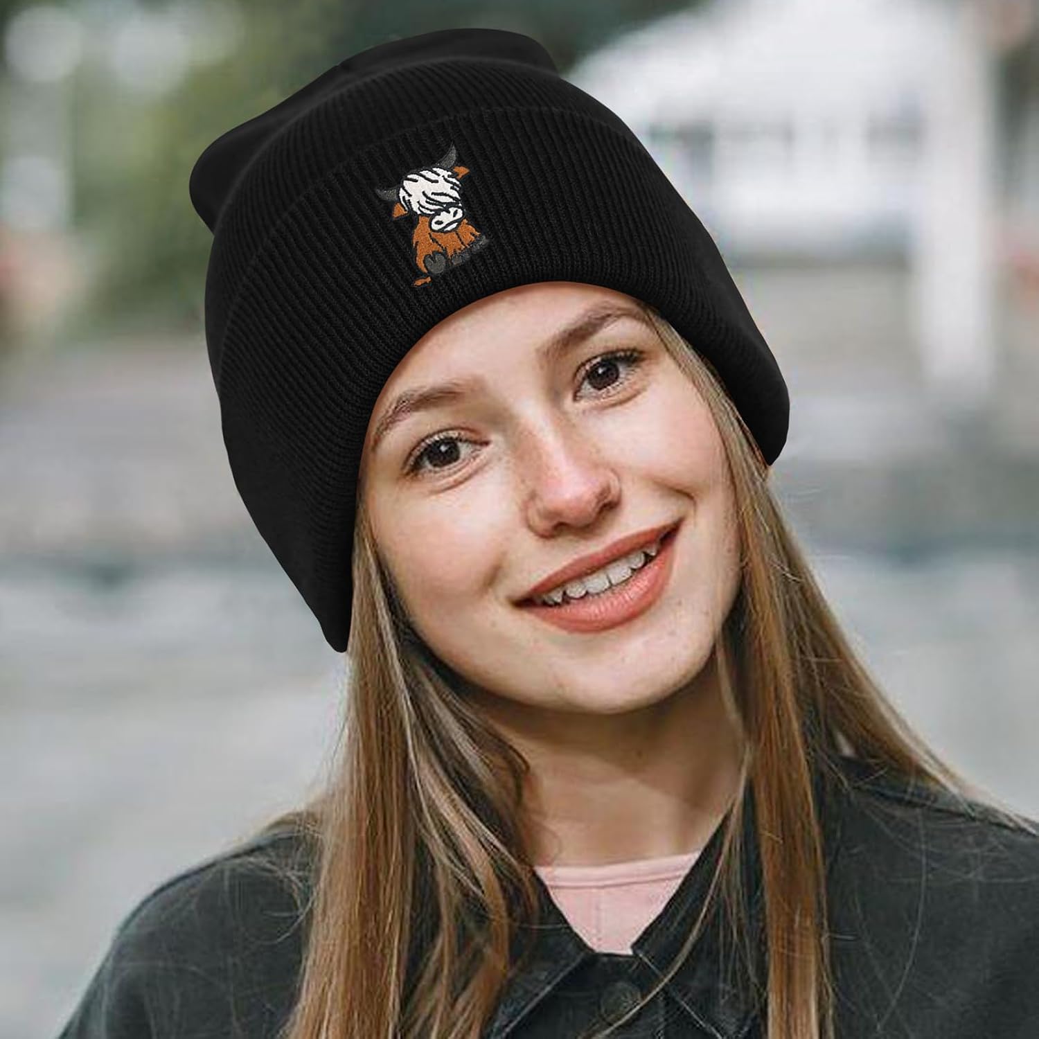 Scottish Highland Cow Beanie Hat Black, Cute Funny Cow Embroidery Winter Knit Skull Cap for Adult Men Women image 4