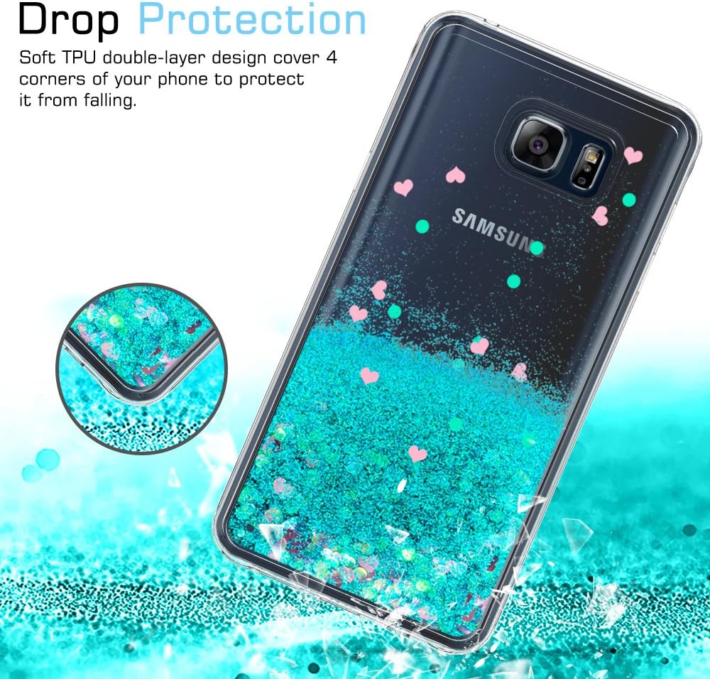 LeYi Galaxy Note 5 Case with Tempered Glass Screen Protector [2 Pack] for Girls Women, Glitter Moving Quicksand Liquid Clear TPU Protective Phone Cover Case for Samsung Galaxy Note 5 ZX Turquoise