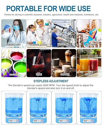 Miniatura 3 de Xin Tester Mini agitador magnético de 3000 RPM, mezclador magnético de laboratorio recargable máximo de 3 litros con 4 barras de agitación para Azul