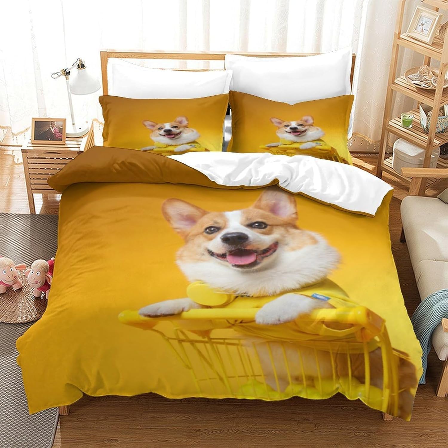 Housse de couette Corgi 240x260 cm avec 2 taies d'oreiller pour lit 2 personnes