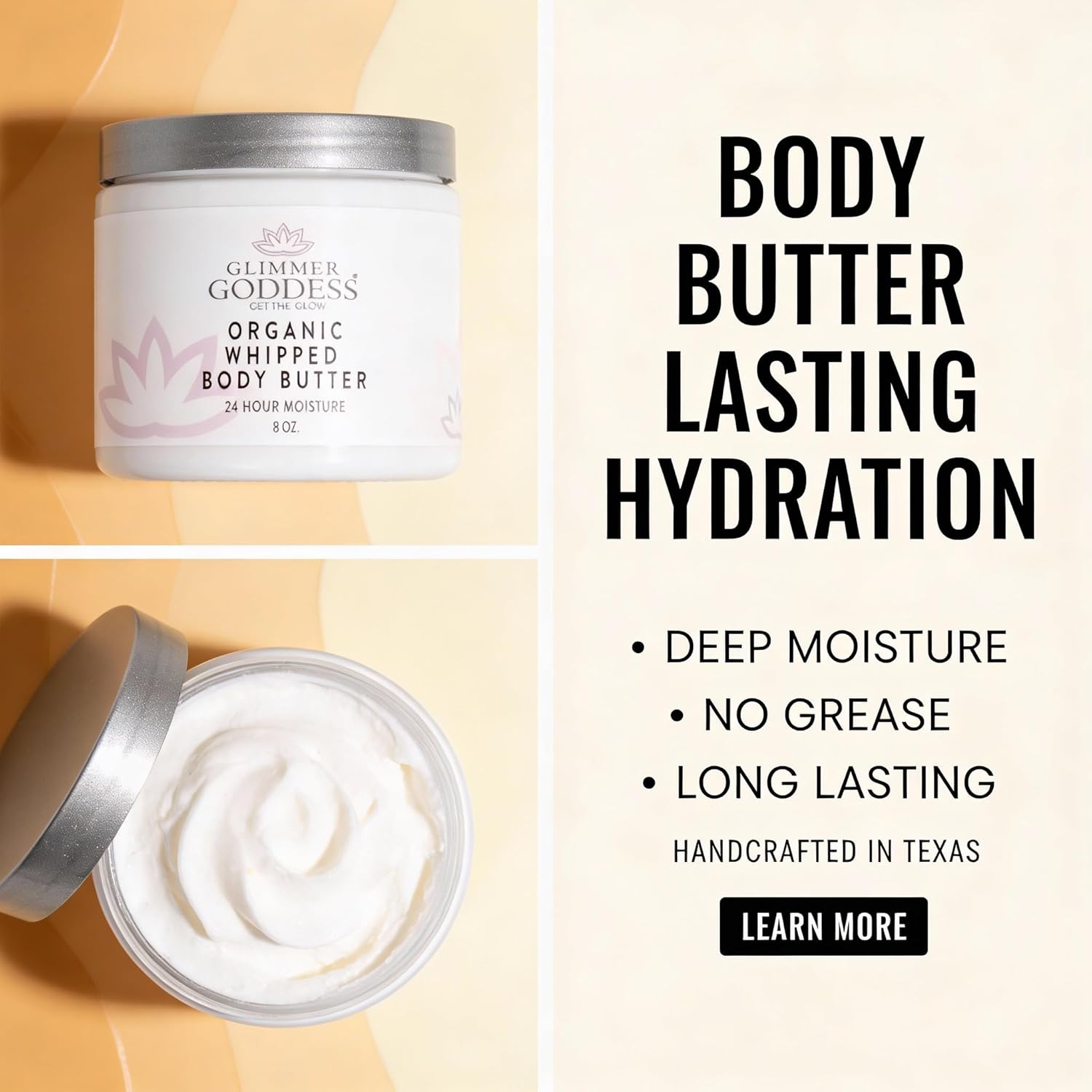 Glimmer Goddess Organic Whipped Body Butter for Women - Moisturizer Cream with Shea & Cocoa Butter, Almonds & Coconut Oil - Unscented, 8oz - Image 9