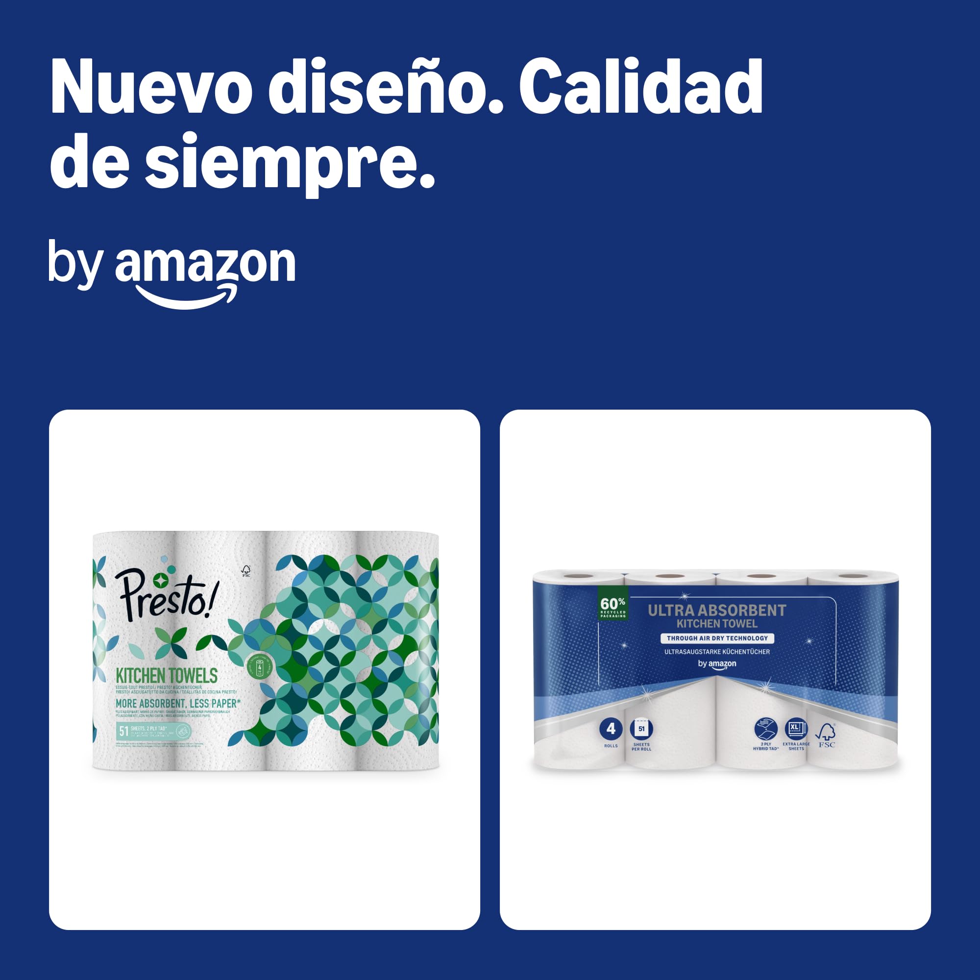 by Amazon rollo de cocina TAD ultra absorbente, 32 rollos (8 paquetes de 4), 51 hojas por rollo, certificado por FSC (anteriormente “Presto!”)