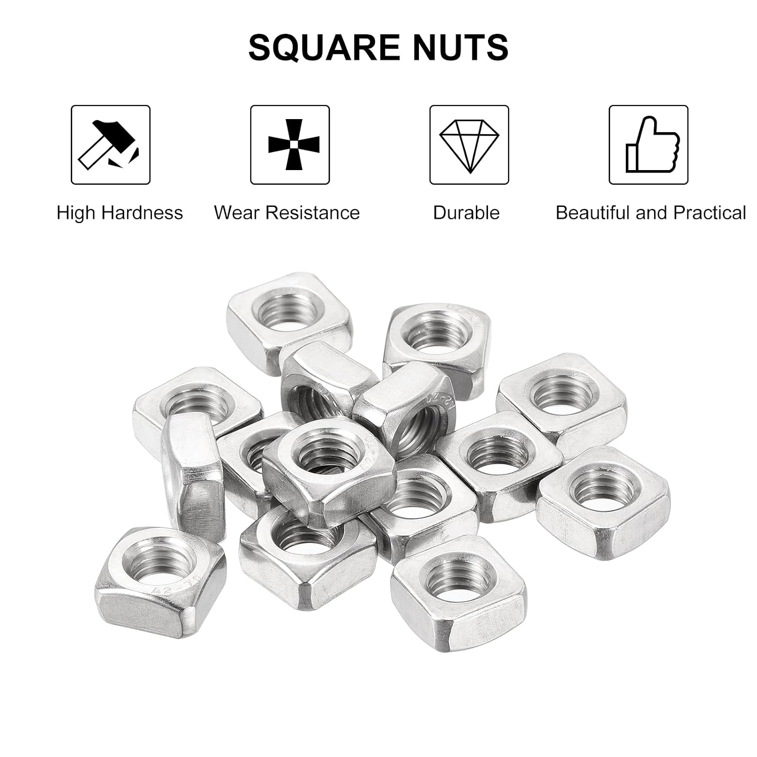 uxcell M8-1.25x6.5 Square Nuts, 304 Stainless Steel Coarse Thread Square Nuts Fasteners for Home Repairs and Professional Engineering, Silver, 100pcs