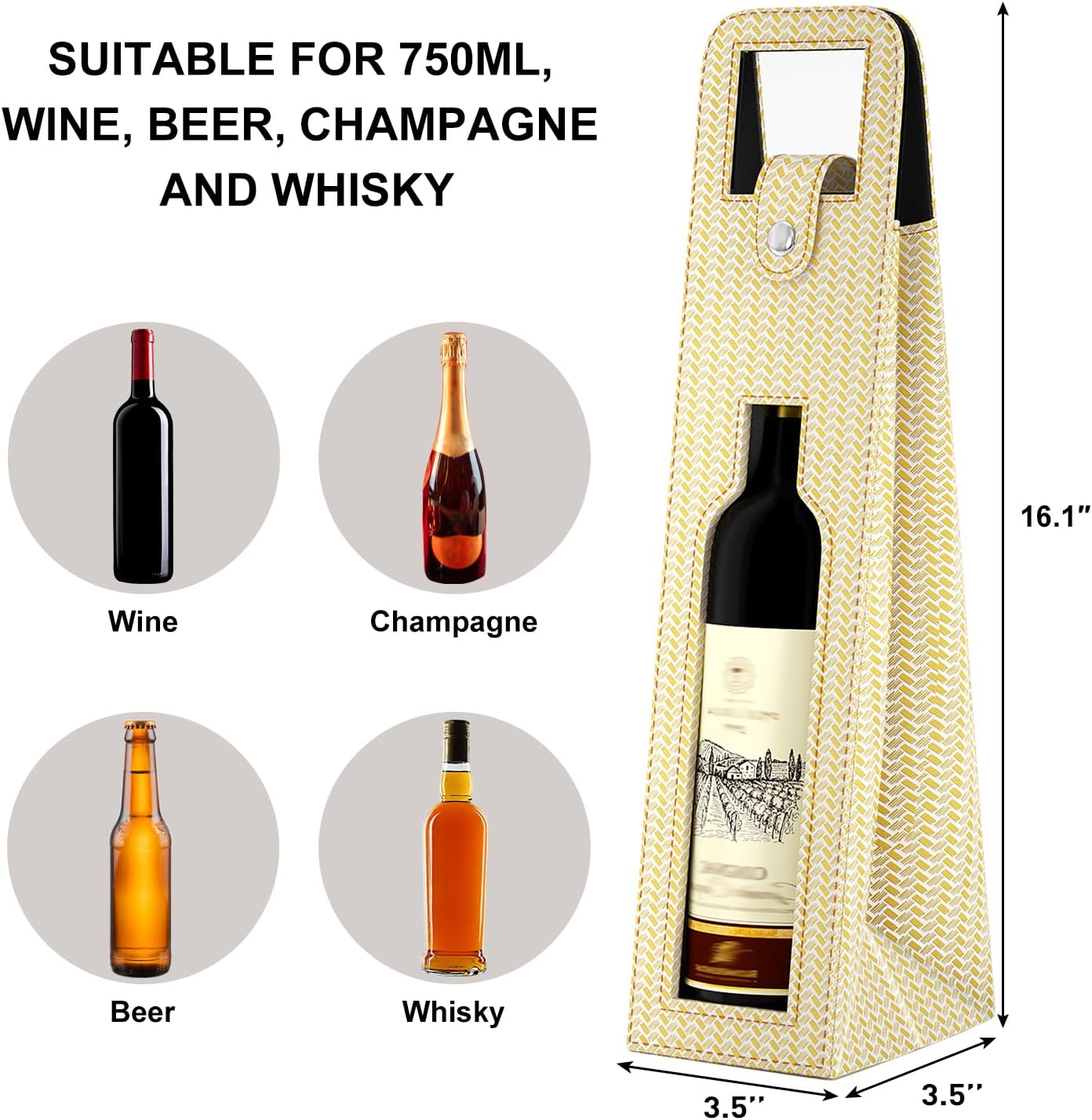 Leather Wine Gift Bag 16.1"x 3.5"x 3.5",Reusable Metal Clasp Gift Wine Bag image 2