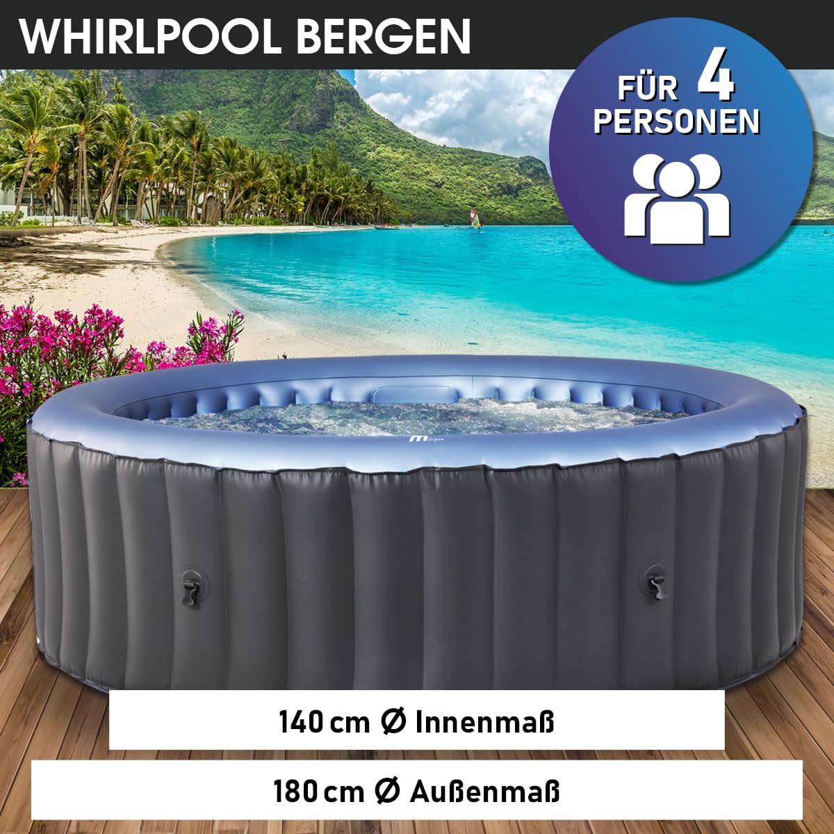 BRAST Whirlpool aufblasbar MSpa Bergen für 4-8 Personen | viele Größen Ø180-224cm | In- Outdoor Pool | Ganzjähriger Einsatz | bis zu 144 Massagedüsen | Stromsparend inkl. Energiespar-Timer | Bergen 4