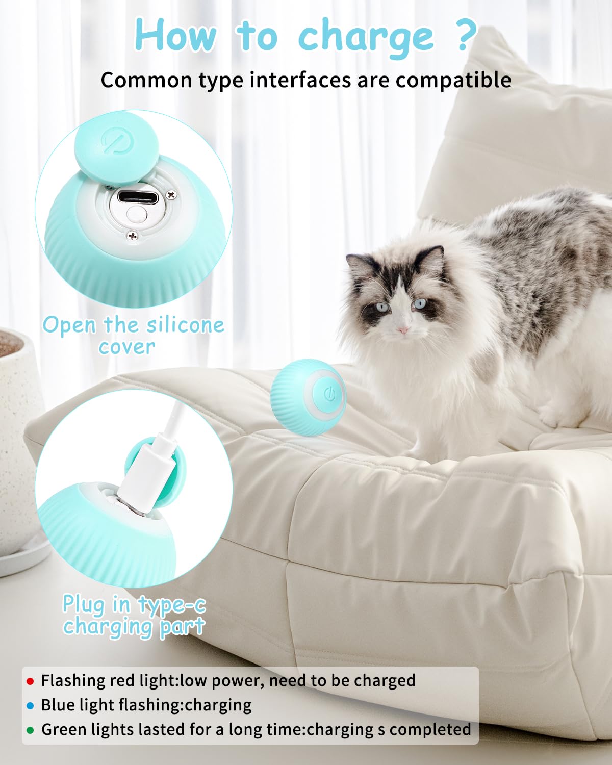 Birshe Interactive Cat Toy Ball - 360° Electric Ball with LED Light and Rechargeable Type-C - Exercise for Pets 3
