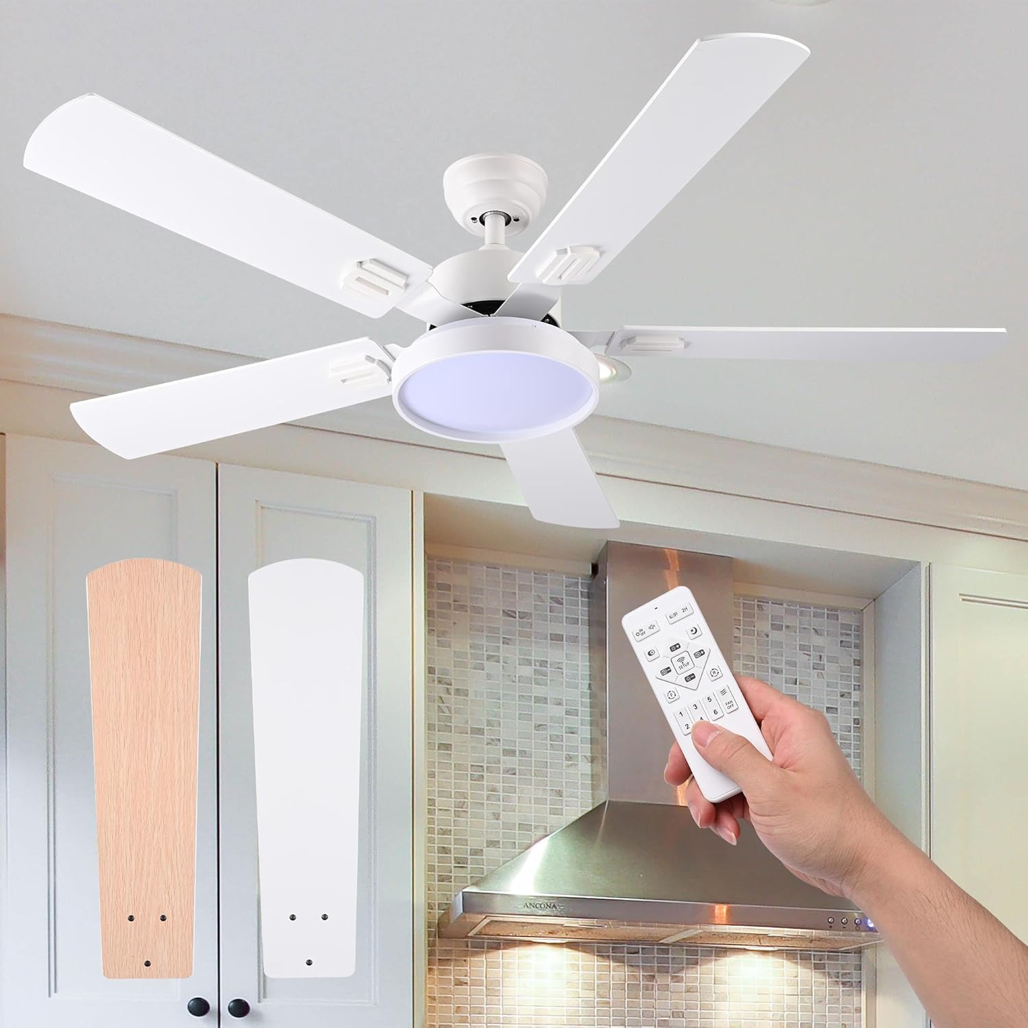 Yescom 52" Ceiling Fan with Light & Remote Control, Three Color Temperature and Dimmable Light with Reversible Blades Outdoor Ceiling Fan for Indoor Bedroom, Living Room, Dinning Room, White