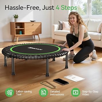 BCAN Foldable Mini Trampoline 102/122cm Fitness Trampoline for Adults with Heavy Duty Rubber Ropes, Stable and Quiet Training Equipment, Ideal for Indoor & Garden Training