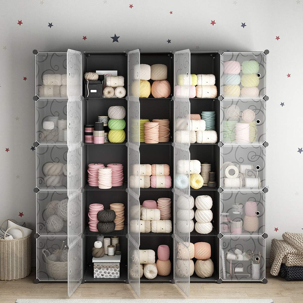 KOUSI Portable Cube Storage - 14"x14" Cube Cube Organizer Storage Organizer Clothes Storage Storage Shelves Furniture for Clothes Plastic Dresser Storage Cubes, Black (5x5 Cubes)