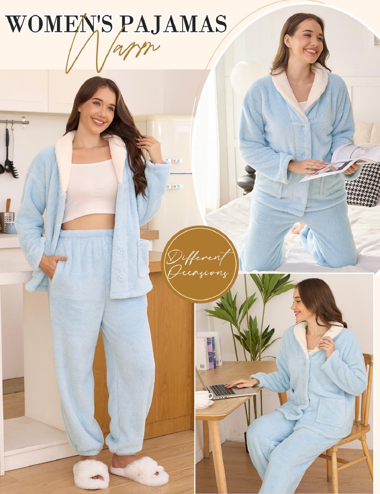 Conjunto de pijama mullido para mujer, pijama de forro polar suave de 2 piezas, camisón cálido y esponjoso, ropa de dormir de felpa