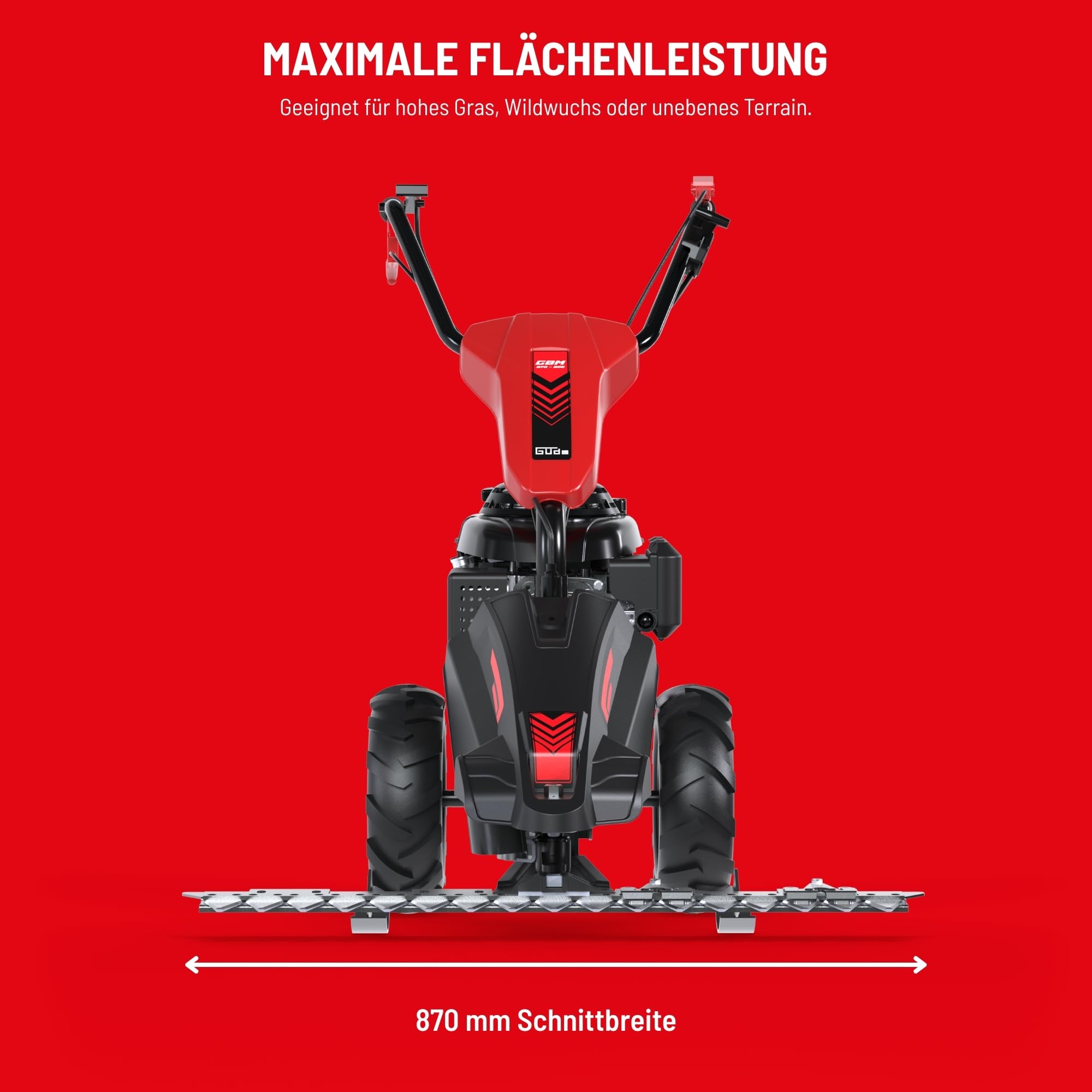 Güde GBM 870-200 Benzin-Balkenmäher - 4-Takt, 200 Kubikzentimeter Hubraum, 3,5 Kilowatt, 4,7 PS, 87 Zentimeter Schnittbreite, 3-8 cm Schnitthöheneinstellung, Radantrieb, vibrationsgedämpfter Holm