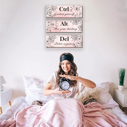 Miniatura 5 de 3 piezas de decoración de pared rosa para niña, diseño floral de madera, arte de pared, decoración inspiradora de pared de oficina con citas