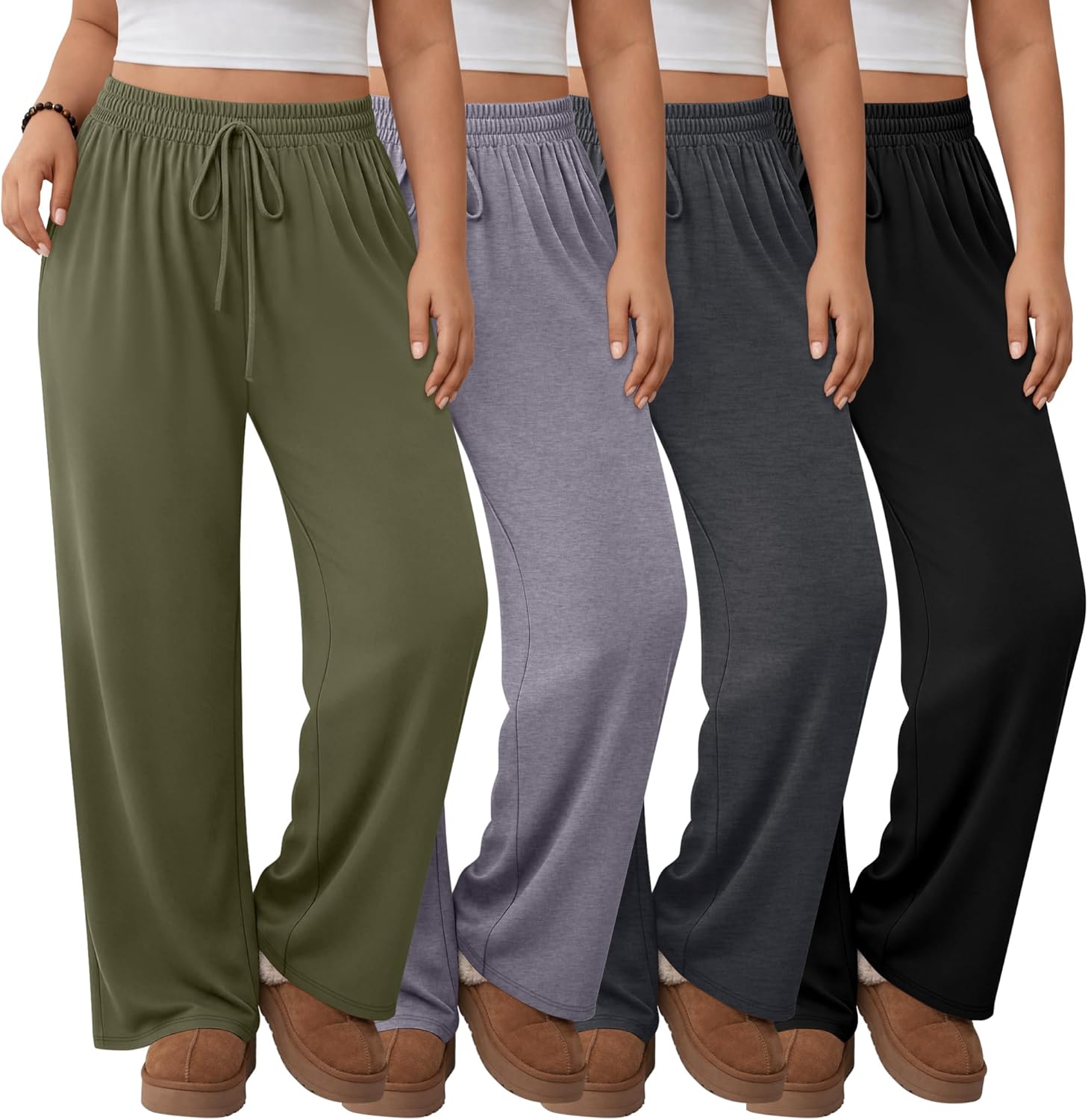 Neer 4 Pack Women's Plus Size Sweatpants Wide Leg Elastic Waist Lounge Yoga Pants Loose Fit Drawstring Jogger with Pockets