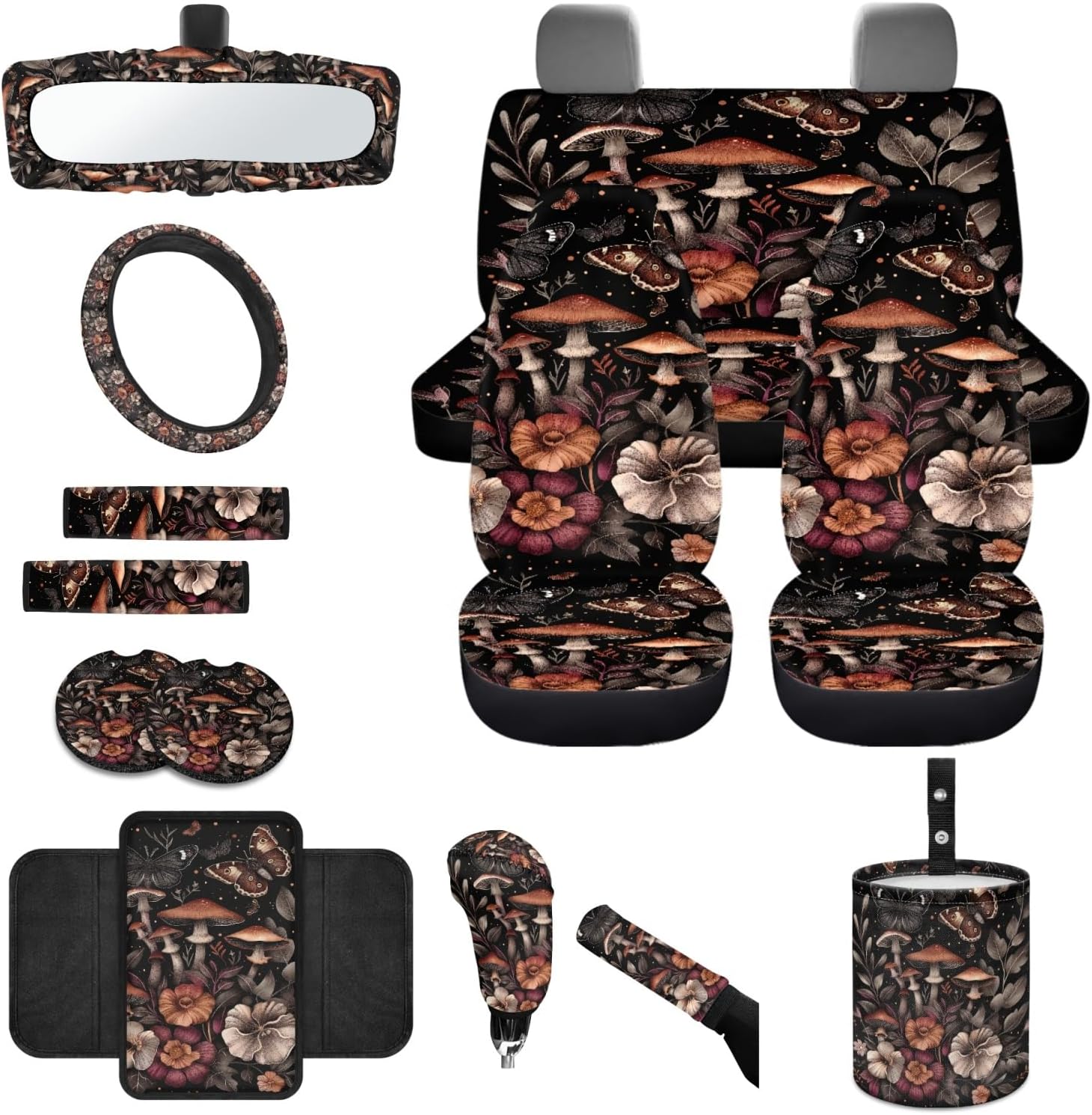NDISTIN Aesthetic Mushroom Car Seat Covers Full Sets of 14 Steering Wheel Cover Seat Belt Pad Floral Car Garbage Can Coaster Car Armrest Cover Gear Shift Cover Rearview Mirror Cover for Truck Sedan