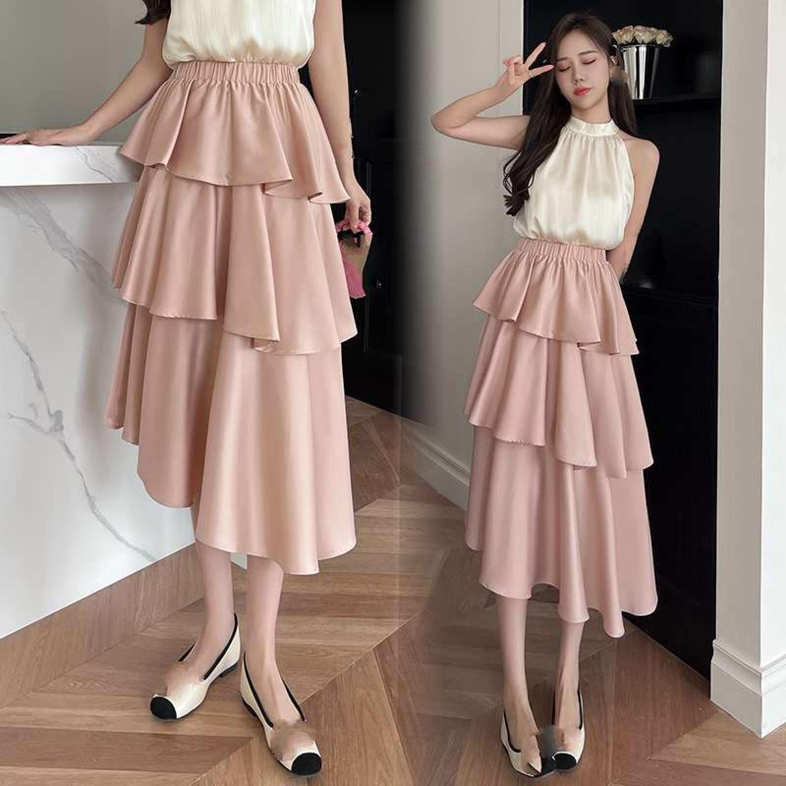 Jupe De Gâteau en Satin De Fibre De Vinaigre Taille Haute pour Femme - Été Polyvalent Couleur Unie Taille Élastique Jupe Mi-Longue Petite Jupe À Volants Irrégulier Une Ligne Jupe Longue,