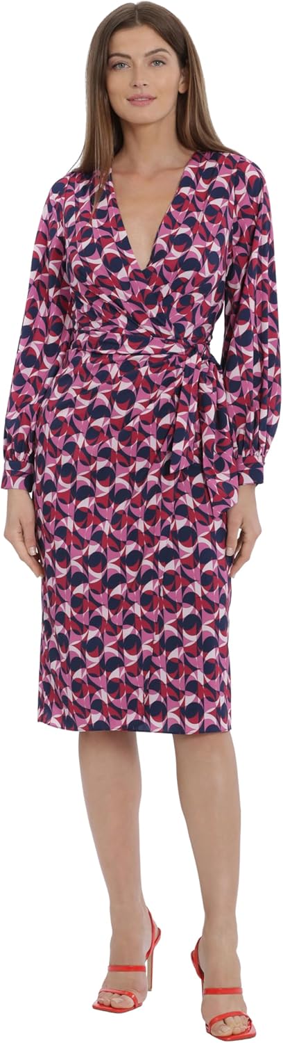 Maggy London Women's Long Sleeve Wrap Tie Midi Dress, Long Sleeve Tuxedo Dress Wear to Work