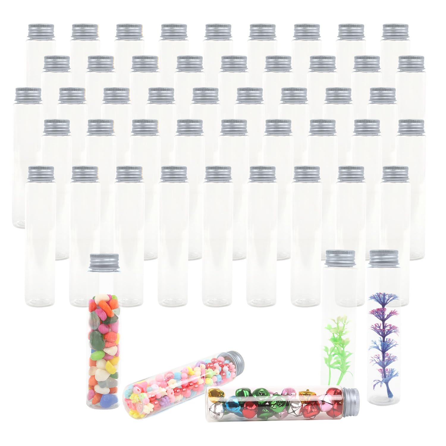 Provette in plastica, confezione da 50 provette da 115 ml, provette piatte in plastica con tappi a vite, 30 x 150 mm, imbuti inclusi, grandi contenitori riutilizzabili per sale da bagno, conservazione