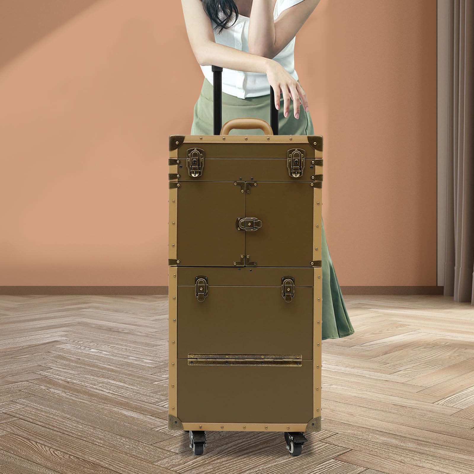 MhdunueSK Rolling Lockable Makeup Train Case, Hair Stylist Rolling Case with Hairdryer Holder, Hairdressing Travel Case with Wheels, Cosmetology Case on Wheels, Trolley for Barber (Gold-Style F)