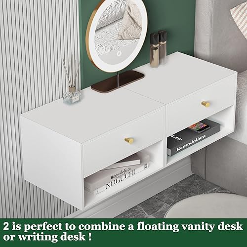 Miniatura 4 de RANK Juego de 2 mesitas de noche flotantes, mesa auxiliar blanca, estante montado en la pared con cajón de almacenamiento para sala de estar,