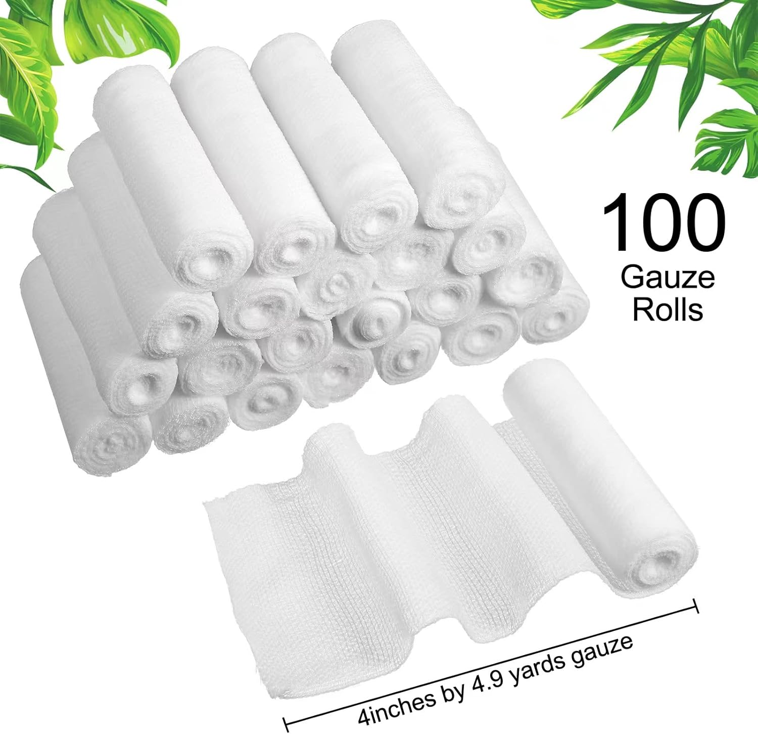 Treela 100 Rolls Gauze Bandage, 4 in x 5 Yards, Elastic Bandages Individual Packaging Non Latex First Aid Pads Breathable Gauze Roll Wrap for Safety Wound Caring and Supplies