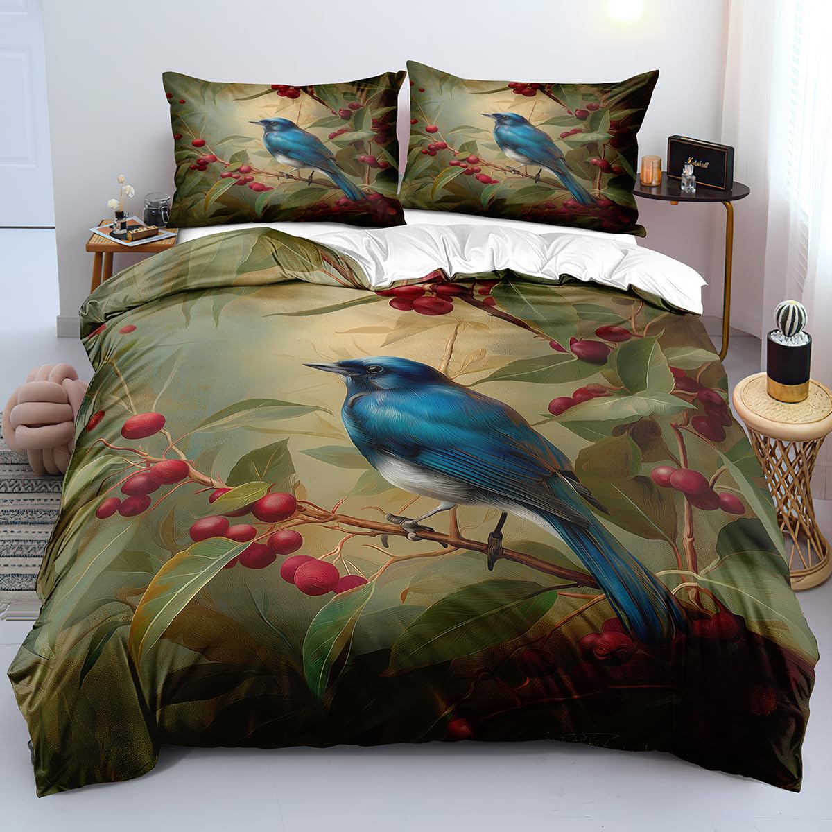 Parure de lit oiseaux bleus avec housse de couette 260x240 cm botanique verte à zip