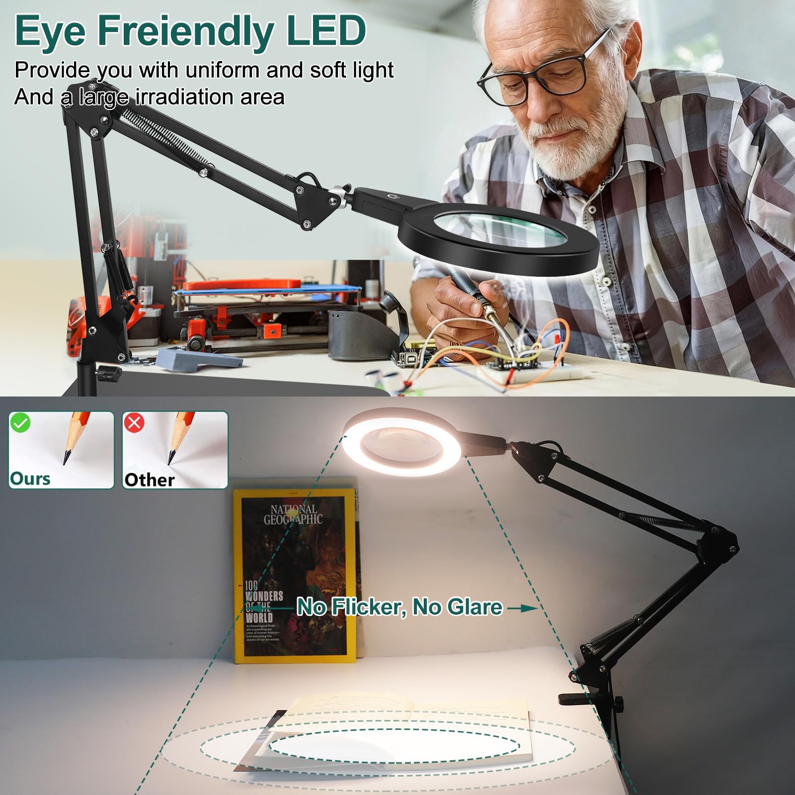 Lupenlampe mit Fuß & Klemme, Rund Lupe mit Licht, Touch-Steuerung | 2-in-1 Flexibilität,6D Glaslinse, Lesen & Handarbeit, gleichmäßiges LED-Licht für entspanntes Arbeiten