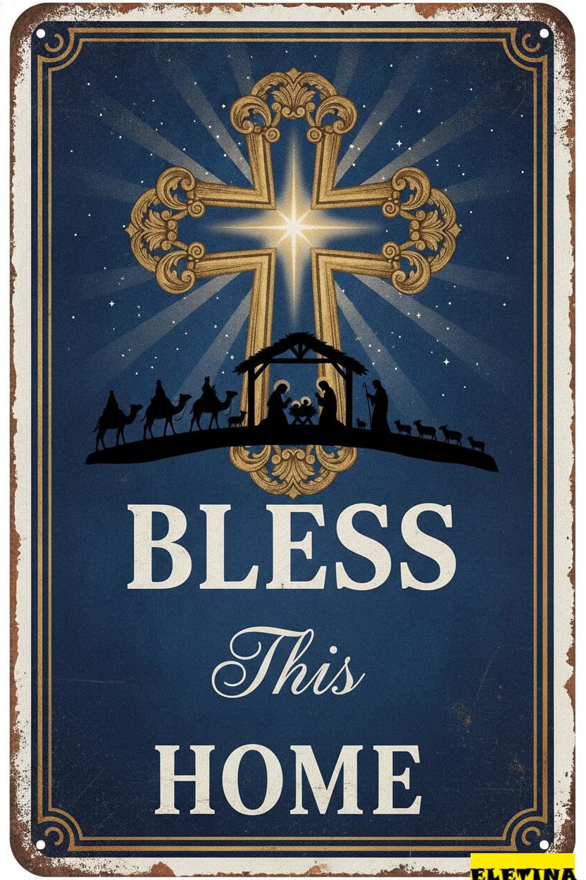 Bless This Home Easter Bible Verse Nativity Scene Retro Aluminum Metal Sign Laundry Room Living Room 8x12in
