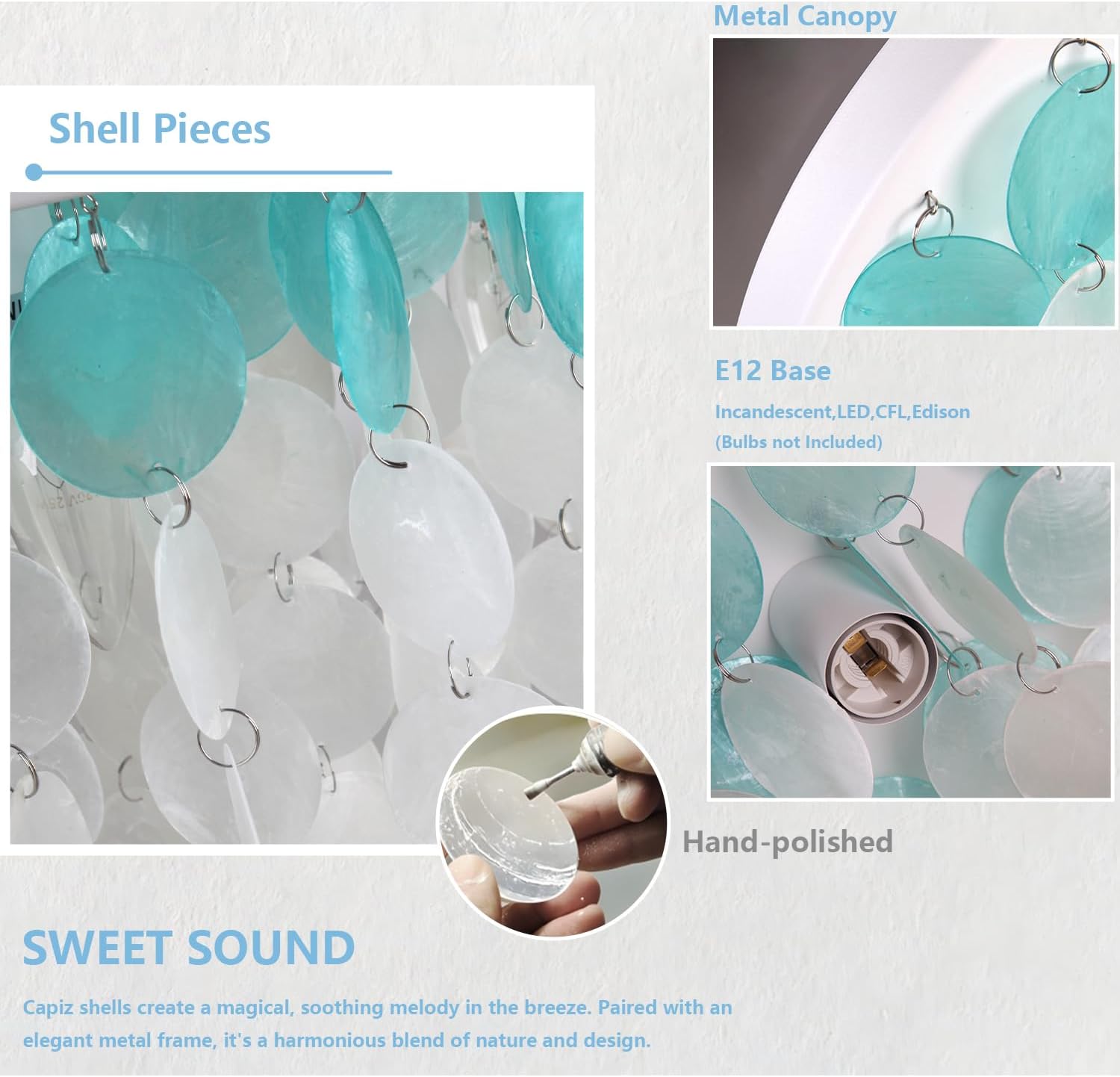 13.8" Capiz Shell Ceiling Light Fixtures 3 Lights Boho Shells Flush Mount Light for Bedroom, Kitchen Island, Bathroom, Entryway, Hallway, White and Blue