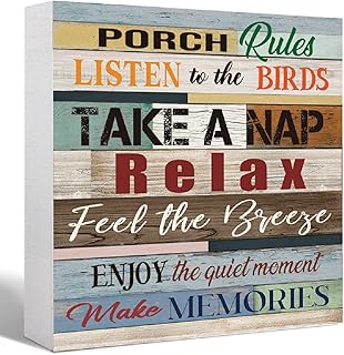 SJNH Wooden Block Sign, Porch Rules, Decorative Signage for Home Patio Garden Desk Cubicle Table Shelf Décor, Rustic Style, 5x5 inches