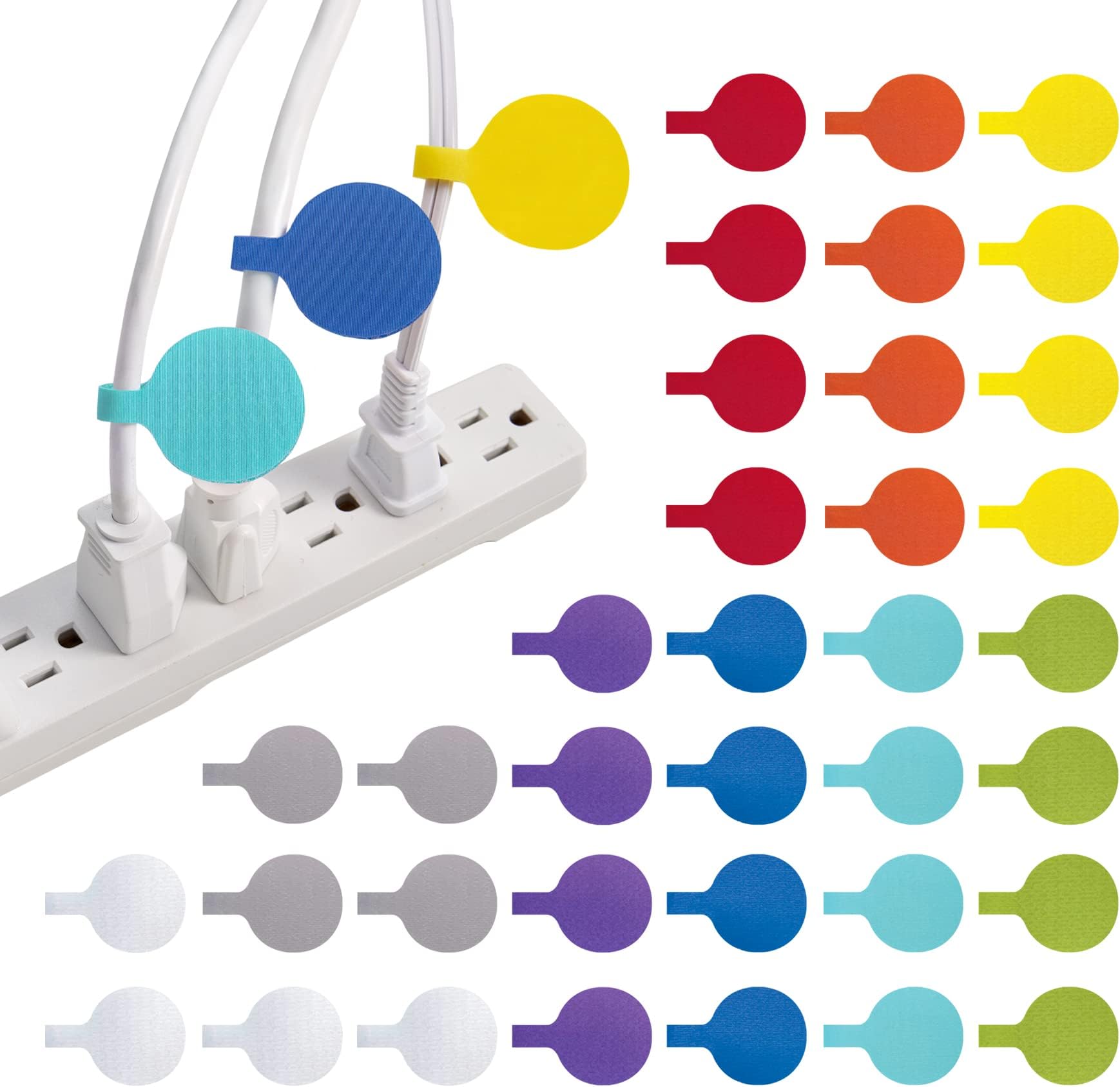 Cable Labels by Wrap-It Storage - Multi-Color Circles (36-Pack) - Color Coded Wire Tags With Write on Surface for Charging Cords and Electronics