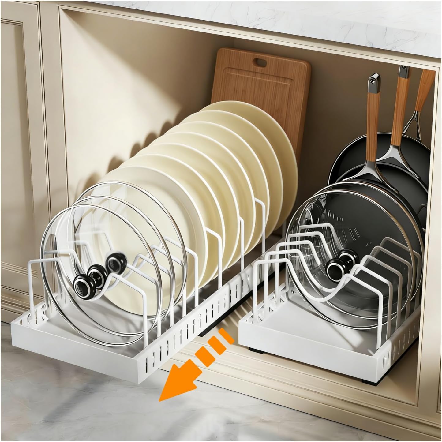 2Pack Expandable Under Cabinet Organizer Rack with 20 Adjustable Dividers for Pots, Pans, Lids & Bakeware, Kitchen Storage Holder for Cabinet Door, Fits Cutting Boards, White