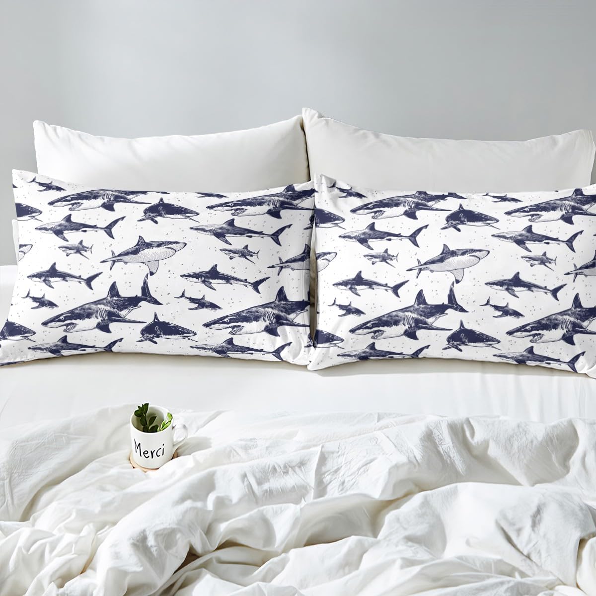 Erosebridal Shark Duvet Cover Full Size Ocean Life Bedding Set for Kids Boys Girls Children Underwater Word Comforter Cover Sea Animal Quilt Cover Grey and White Home Decoration