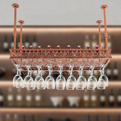 Miniatura 4 de Estante de techo para copas de vino, 35.5 x 14 pulgadas, estante colgante para vino con soporte para vidrio y estante, barra de techo de metal