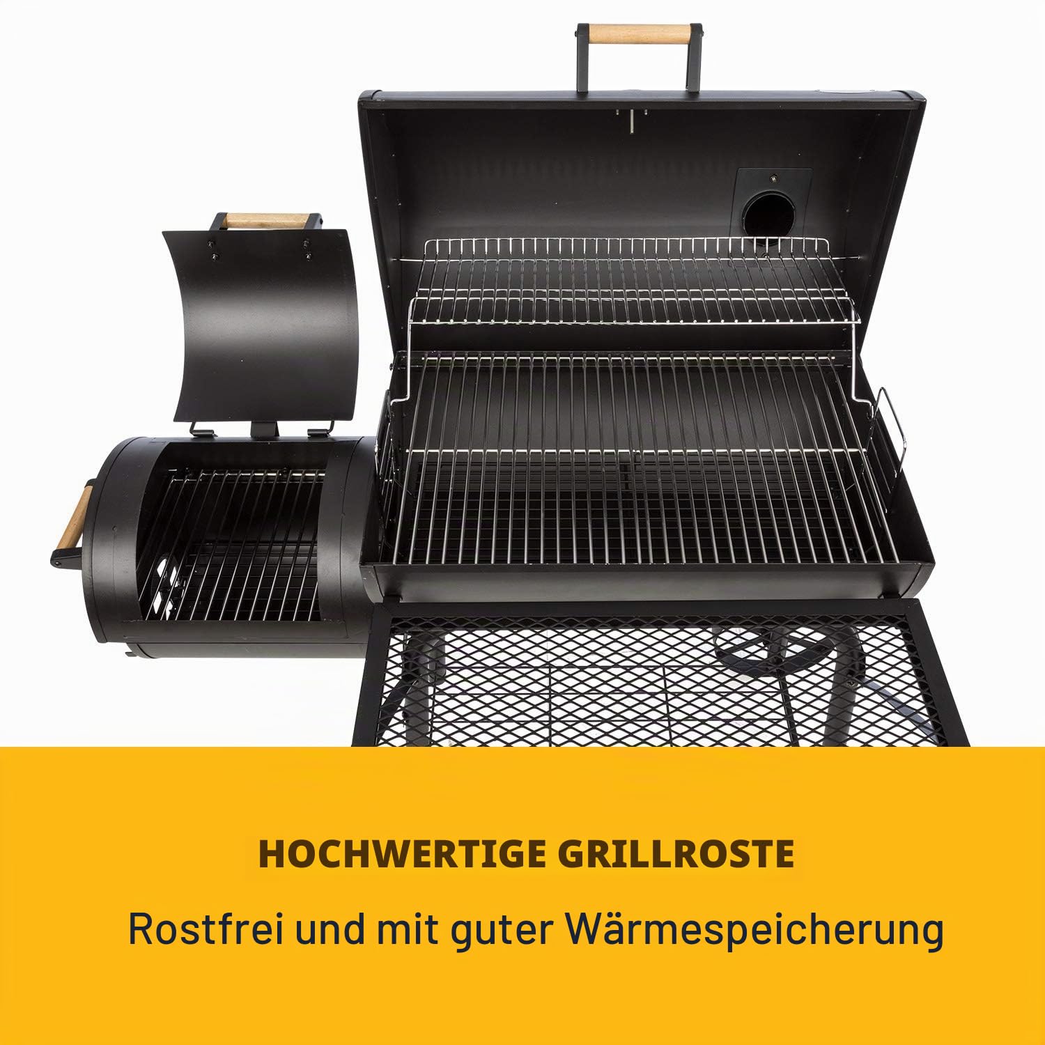 Klarstein Beef Brisket Smoker Grill - Holzkohlegrill/Smoker, rostfreie Grillroste aus Edelstahl, Thermometer im Deckel, 2 große Räder, ideale Wärmespeicherung, schwarz