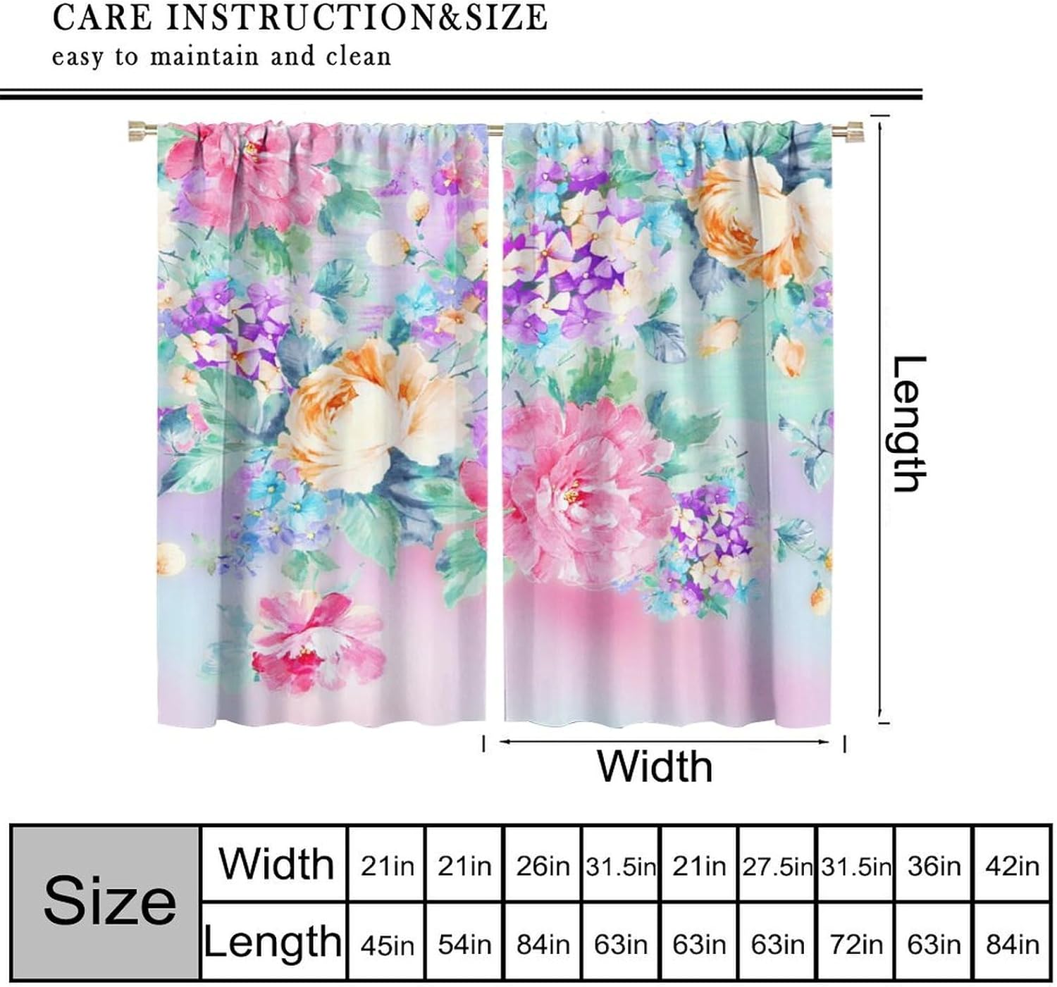 Watercolor Flower Window Curtains，Abstract Style Colorful Floral Leaves Blackout Print Rod Pocket Window Drapes for Bedroom Living Room Kitchen Set 2 Panels,42x45 Inches
