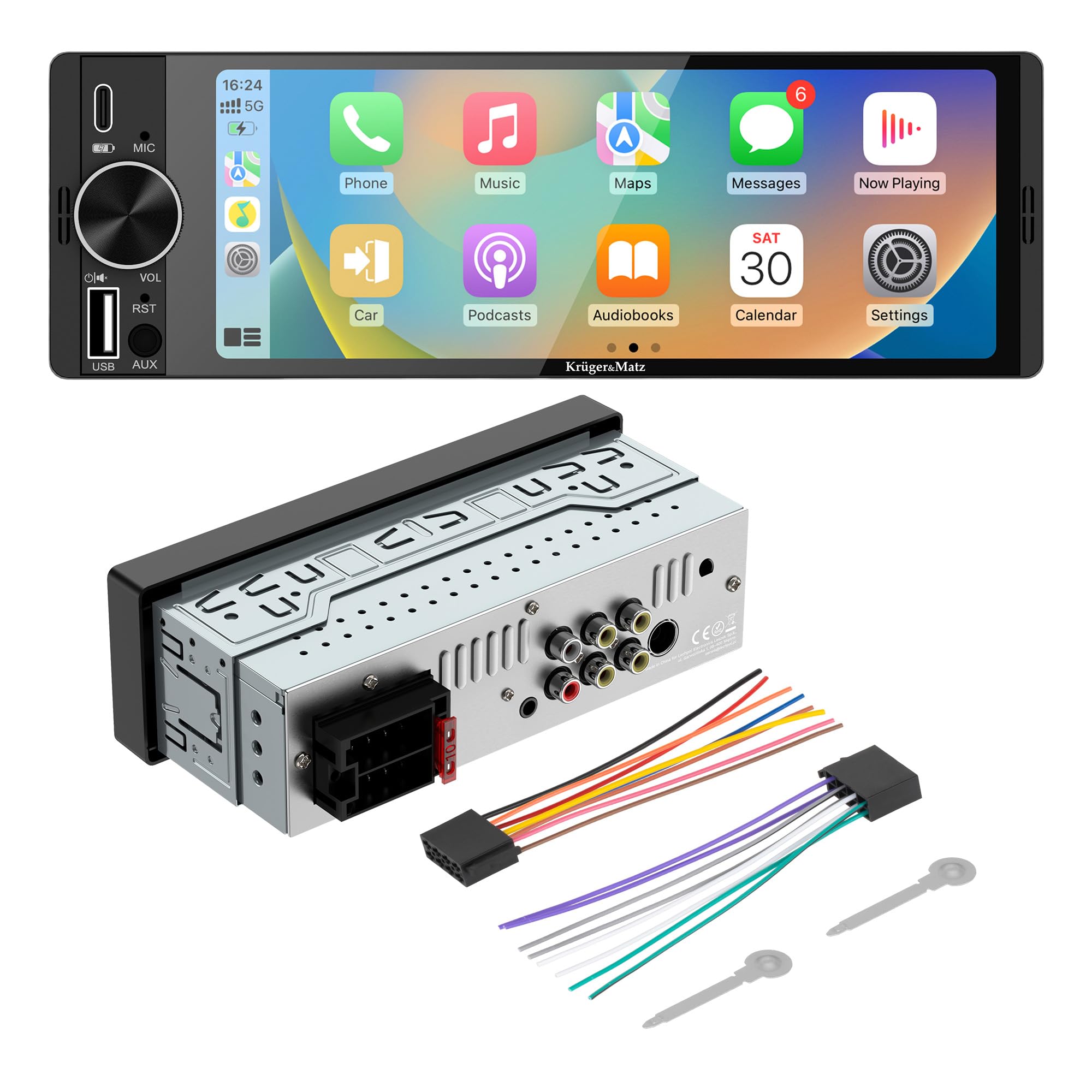 Krüger&Matz Radio Samochodowe KM2016 CarPlay/AndroidAuto 6,3” USB 1DIN
