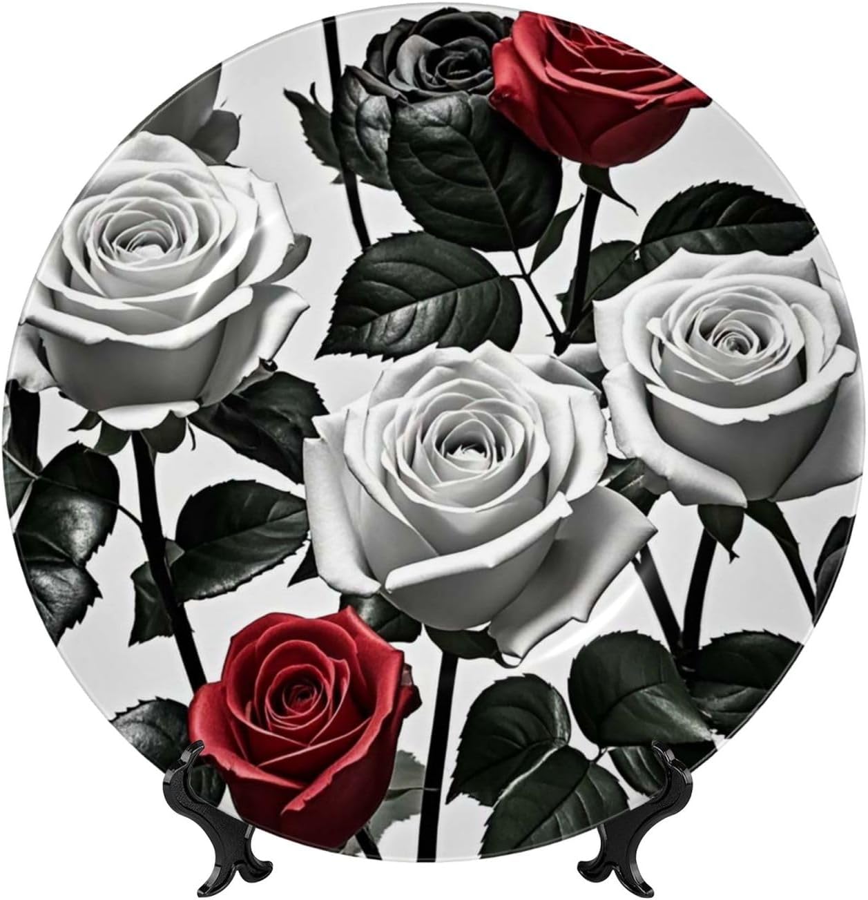Bone China Decorative Plate with Display Black White and Red Roses Ceramic Plates Crafts Art Decor Dessert Plate Ceramic Ornament Porcelain Plates for Living Room Kitchen Table Home Decor