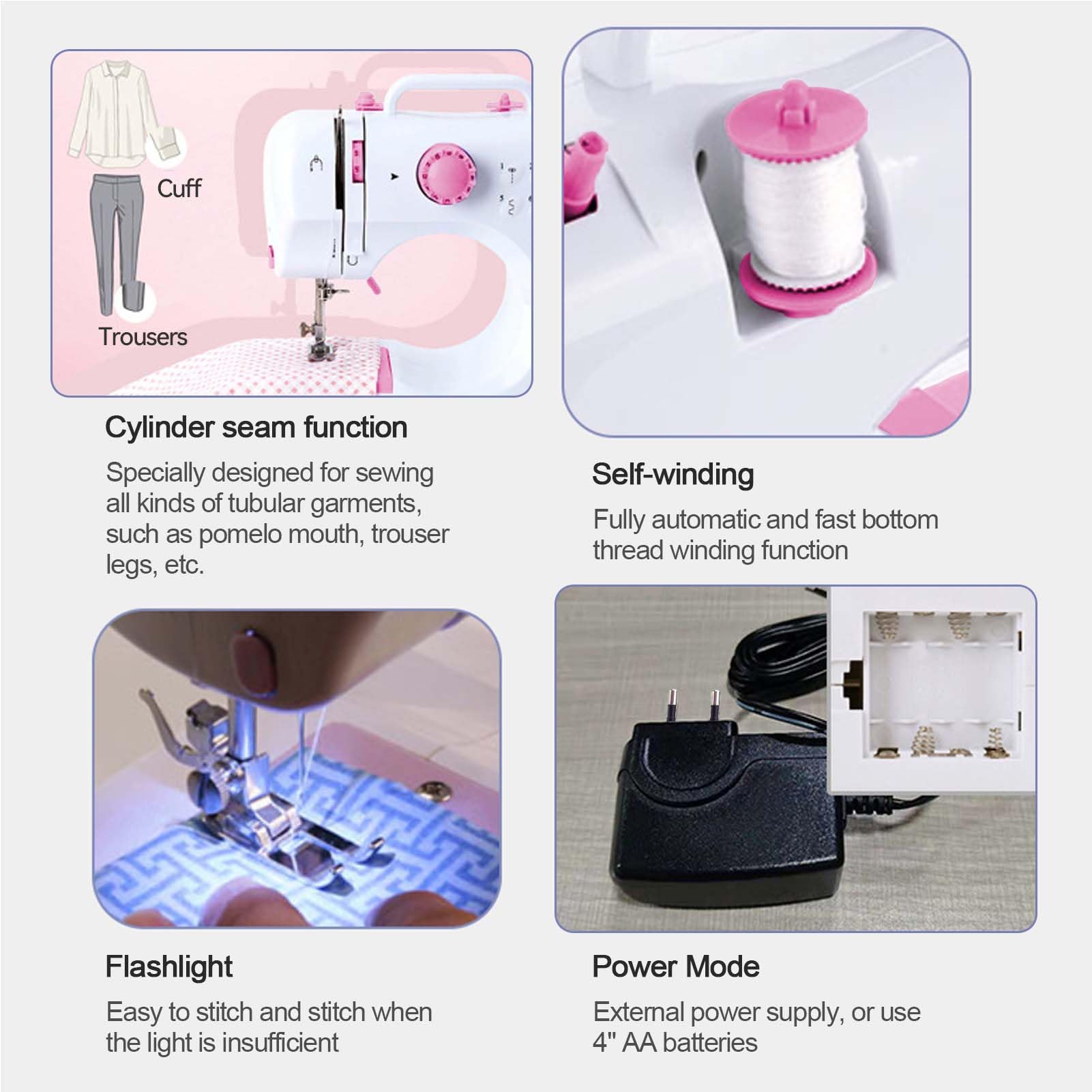Macchina da cucire elettrica a 12 punti, 505 A, macchina da cucire automatica per uso domestico con due fili con 12 programmi di cucito da 220 V, pulsante rosa