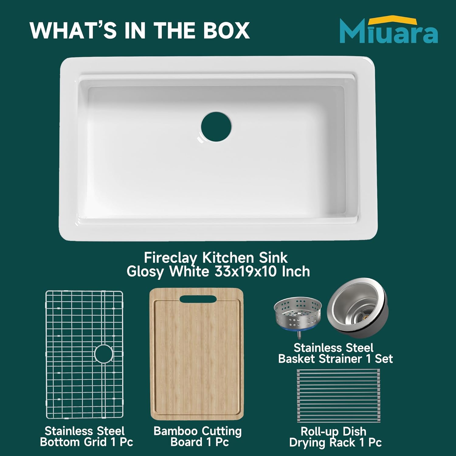 Miuara White Undermount Workstation Kitchen Sink 33 Inch - Large Topmount Fireclay Drop In Sink 33"x19"x10", Dual Mount Heavy Duty Deep Single Bowl, with 4 Custom Accessories, for Kitchen, Island