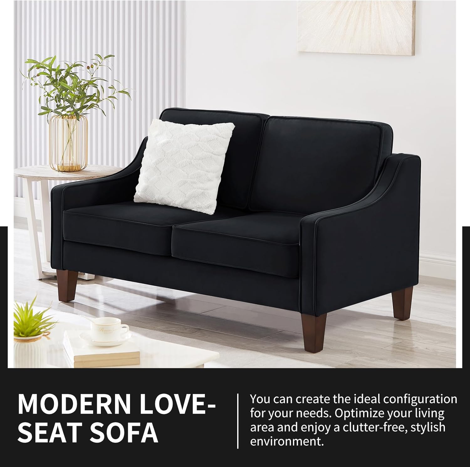 51.5" Modern Loveseat Sofa, Velvet Upholstered Sofa Couch with Wood Legs, Padded Deep Seat Sofa with Thick Cushion, 2 Seat Wide Sofa for Living Room, Apartment (Black, 2 Seat)