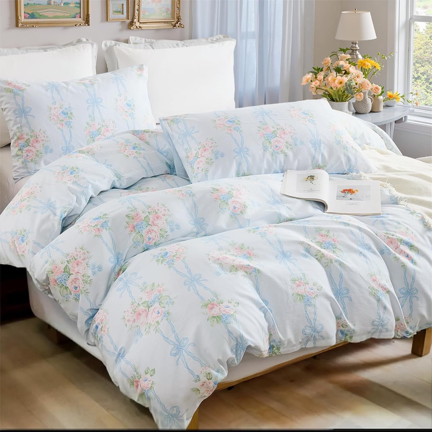 100% Cotton Duvet Cover Queen Size Soft Cotton Chic Shabby Garden Blue Floral Bedding Set with 2 Pillowcases Vintage Soft&Breathable Comforter Cover Set with Zipper Closure