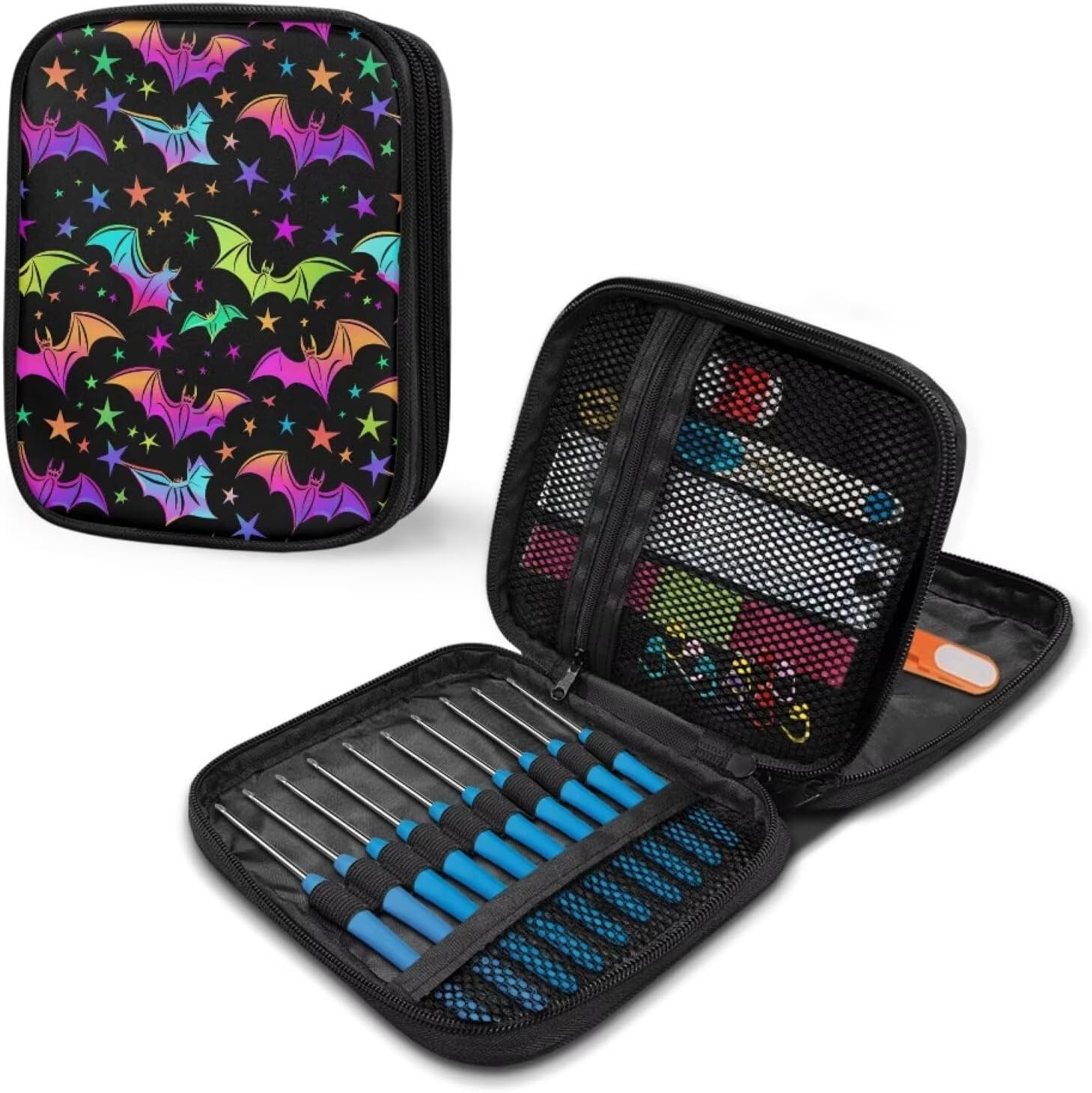 YUVAMAGIMO Halloween Bat Crochet Hook Organizer Case with Mesh Pocket Compartment Knitting Needle Organizer Portable Crochet Hooks Holder for Crochet Hooks and Knitting Accessories