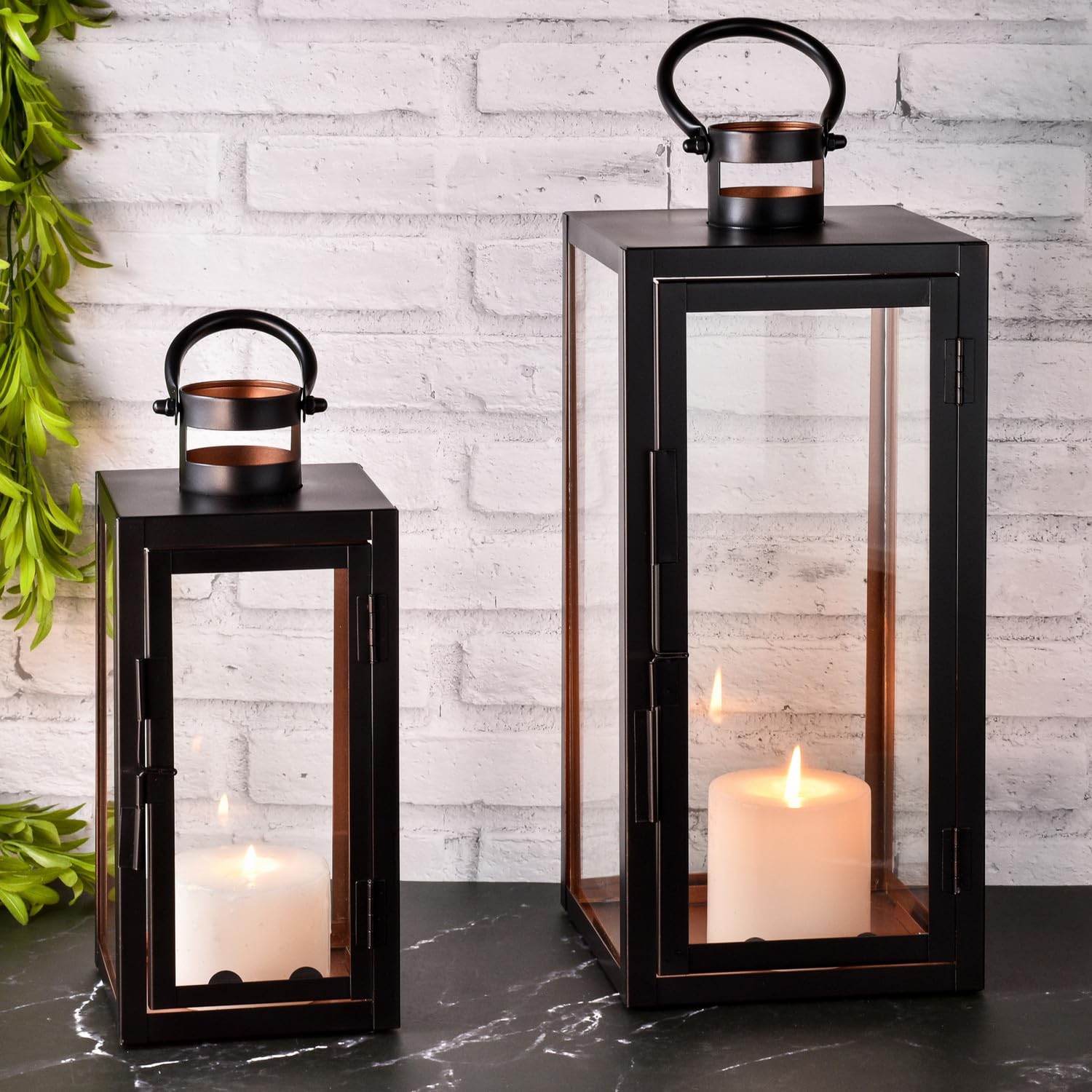 2er Set Moderne Laterne Marra aus Metall und Glas schwarz 39 cm Deko