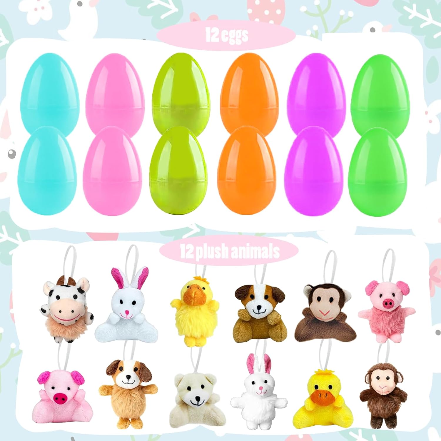 euoloar 12 PCS Prefilled Easter Eggs Filled With Stuffed Plush Animals, Plastic Easter Eggs Fillers,Perfect for Easter Eggs Hunt