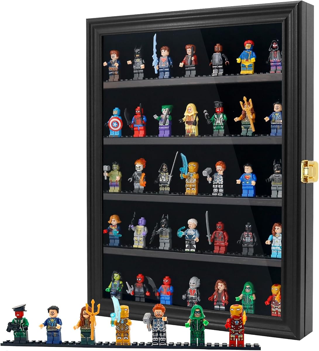 Estuche de exhibición de minifiguras de Lego, gabinete de pared de 12x16 para miniatura, negro | con vidrio templado y placas base, caja de madera con estante para mini figuras de marcas, pequeños dedales, coleccionables con candado