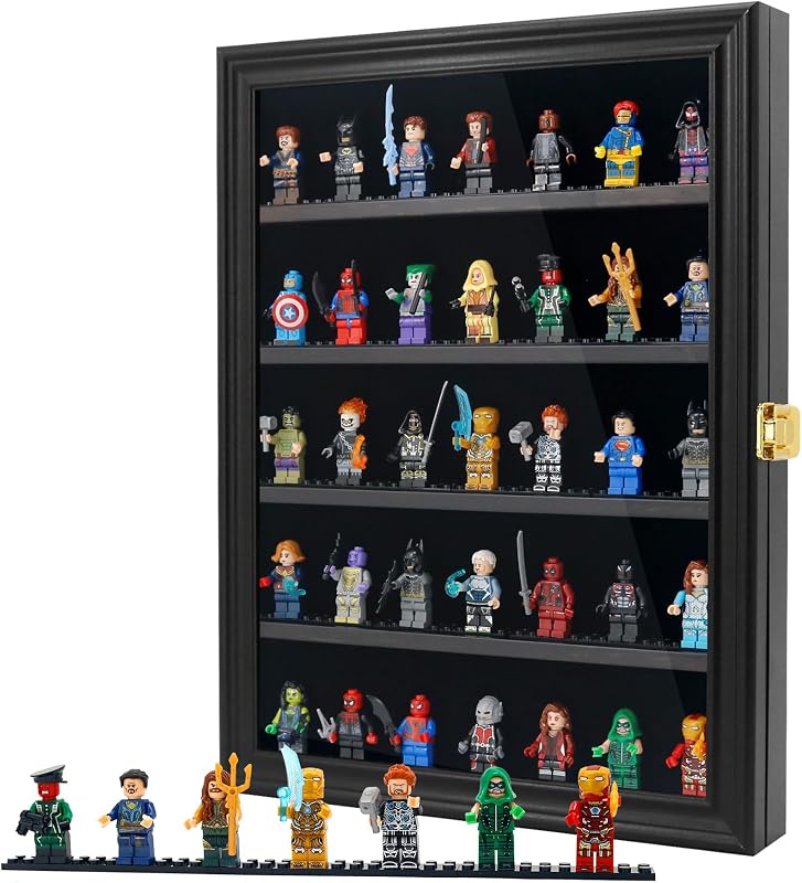 Lego Minifigures Display Case, 12x16 Wall Cabinet for Miniature, Black | with Tempered Glass & Baseplates, Wooden Box with Shelf for Mini Brands Figurine Small Thimbles Collectibles with Lock