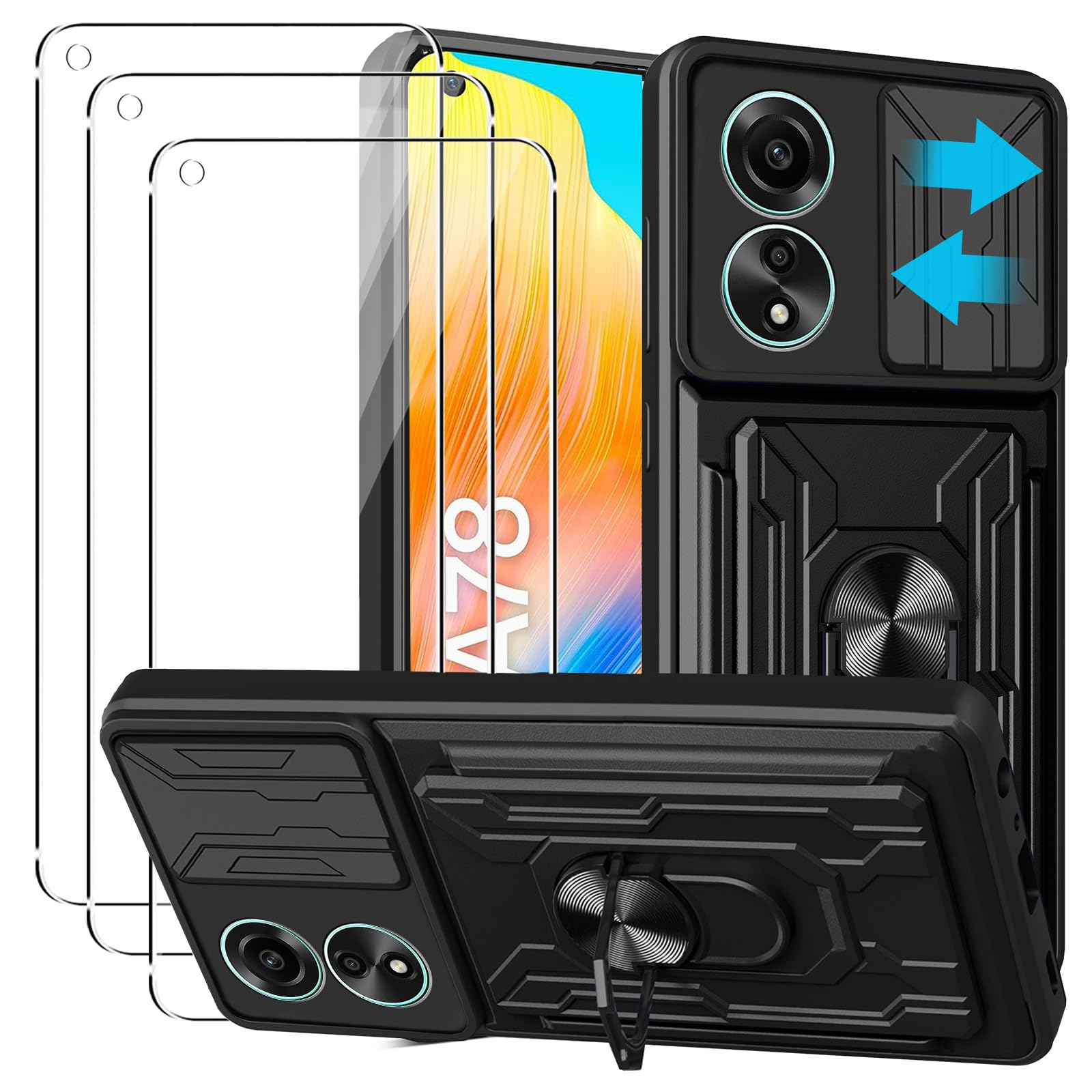 NUCNOK Cover per Oppo A78 5G + [3 Pezzi] Pellicola Vetro Temperato,Silicone Custodia Scrub Molle di TPU Morbido AntiGraffio AntiCaduta Case,Respingente TPU + Cover PC