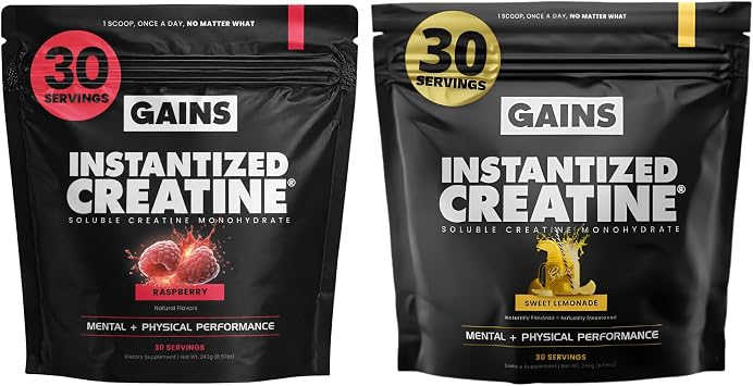 Gains in Bulk Instantized Creatine Monohydrate for Women and Men, Soluble Pre Workout Powder, Supports Muscle Building, Strength and Performance, Sweet Lemonade and Sour Raspberry, 60 Servings