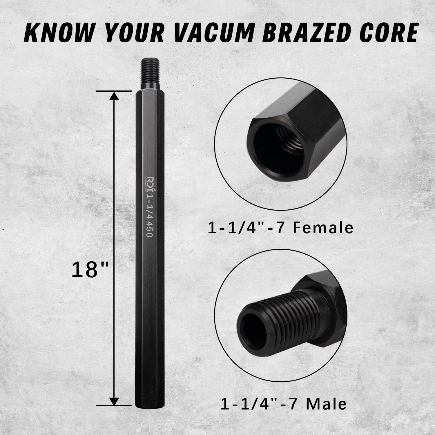 RDT 18" Core Drill Bit Extension Shaft 1-1/4"-7 Thread Adapter, Durable Heat-Treated Steel for Diamond Core Drill Bits On Concrete, Masonry, Stone (Hexagon)